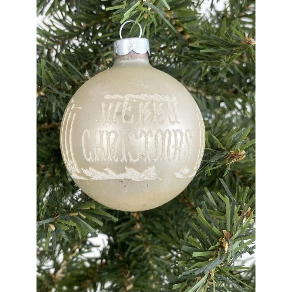 Vintage White Made USA MERRY CHRISTMAS Mica Stenciled Ball Ornament Holiday